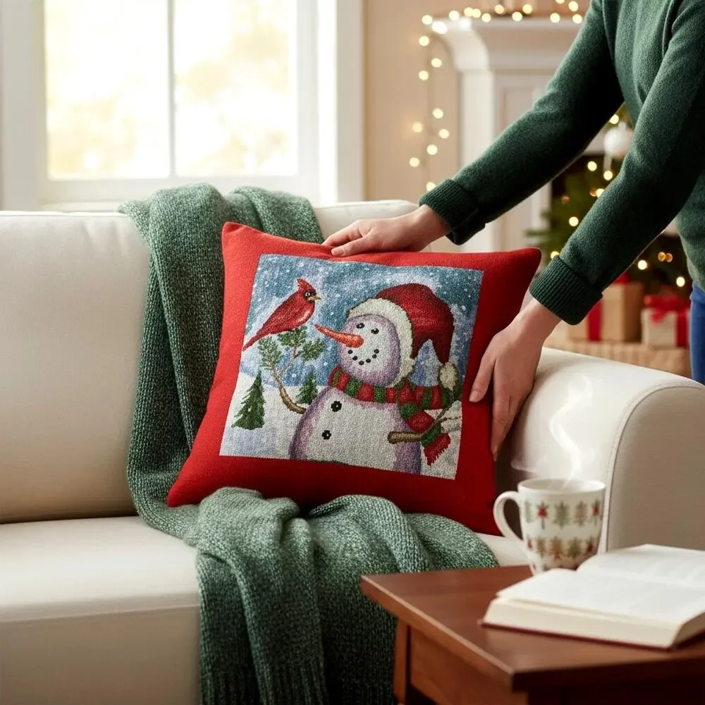 🐦☃️❄️Vintage Snowman Cardinal Christmas Throw Pillow Red Gingham Reversible 15
